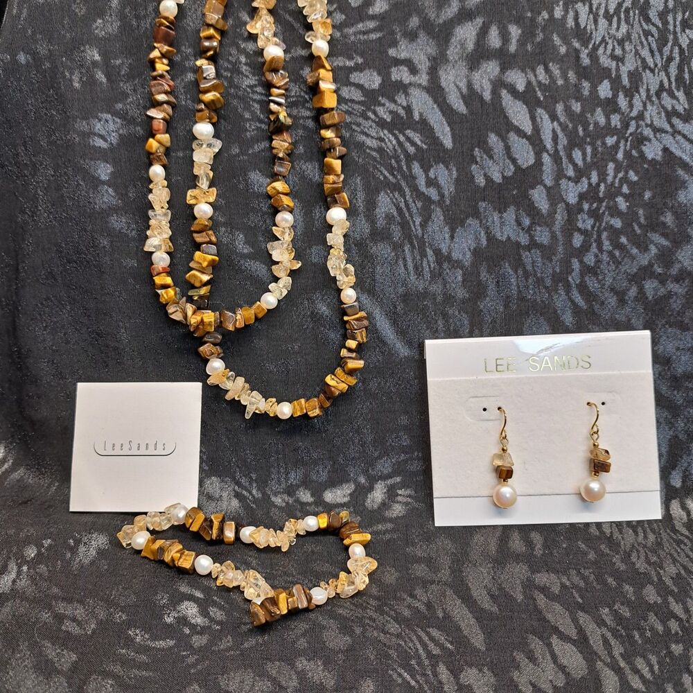 Vintage Lee Sands Brown Tigers Eye Citrine Pearl Necklace, Bracelet & Earrings